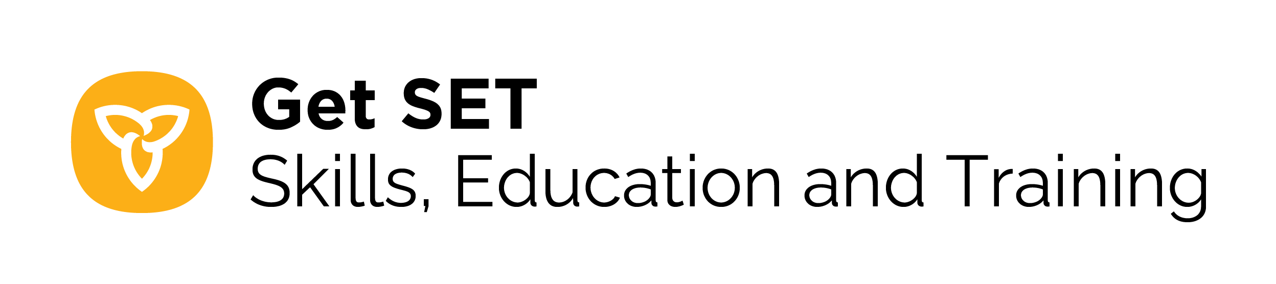 Ontario trilium logo in yellow with program name Get SET which is an acronym for Skills, Education and Training