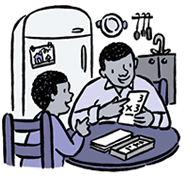 Clip art of parent and child learning math in kitchen