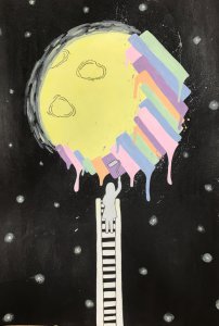 student art showing girl climbing ladder to paint the moon in the stars