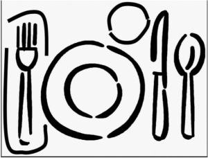 Drawing of a table setting, including a knife, fork, spoon, napkin, and cup.