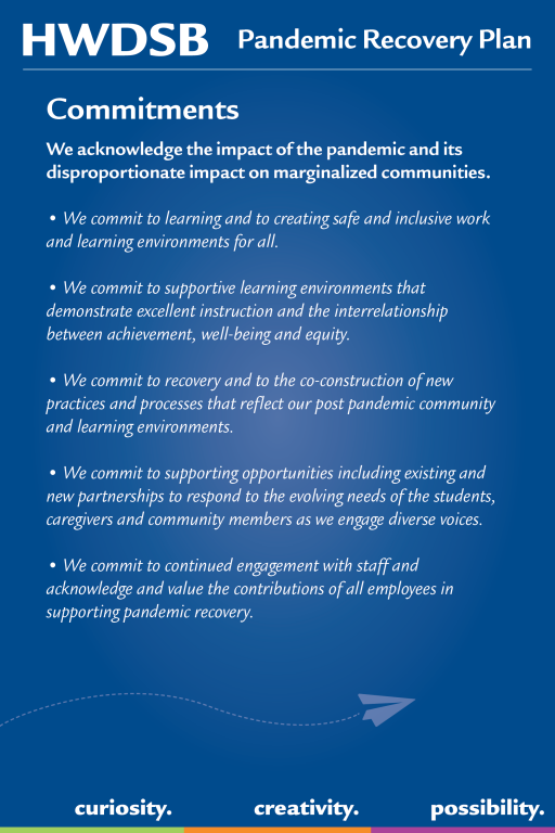 Commitments: We acknowledge the impact of the pandemic and its disproportionate impact on marginalized communities. We commit to learning and to creating safe and inclusive work and learning environments for all.   We commit to supportive learning environments that demonstrate excellent instruction and the interrelationship between achievement, well-being, and equity.   We commit to recovery and to the co-construction of new practices and processes that reflect our post pandemic community and learning environments.   We commit to supporting opportunities including existing and new partnerships to respond to the evolving needs of the students, caregivers, and community members as we engage diverse voices.   We commit to continued engagement with staff and acknowledge and value the contributions of all employees in supporting pandemic recovery. 