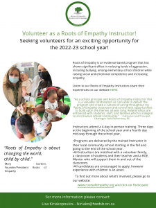 flyer for roots of empathy instructor recruitment