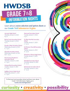 grade 7 and 8 info nights flyer. Find a full list on our webpage