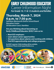 ECE Career Information Night at the Education Centre (20 Education Court) on Thursday, March 7 from 6-7:30 p.m. to learn more about the role. The Information Night is open to all Grade 10, 11 and 12 students and families. Child minding will be available. Attendees will have the opportunity to: Meet ECE employers Learn about career opportunities Ask questions about salaries and working with children Find ECE apprenticeship and college programs No RSVP required. If you have any questions, please email oyap@hwdsb.on.ca.