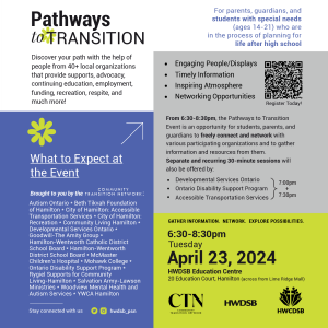 The Community Transition Network (CTN) presents 
Pathways to Transition 

For parents, guardians and students with special needs (ages 14-21) who are in the process of planning for life after high school 

Discover your path with the help of people from 40+ local organizations that provide supports, advocacy, continuing education, employment, funding, recreation, respite, and much more! 

What to Expect at the Event: 
•	Engaging People/Displays  
•	Timely Information  
•	Inspiring Atmosphere  
•	Networking Opportunities 

From 6:30-8:30pm, the Pathways to Transition Event is an opportunity for students, parents, and guardians to freely connect and network with various participating organizations and to gather information and resources from them. Separate and recurring 30-minute sessions will also be offered by: 
•	Developmental Services Ontario  
•	Ontario Disability Support Program  
•	Accessible Transportation Services 

GATHER INFORMATION.  NETWORK.  EXPLORE POSSIBILITIES. 

6:30-8:30pm 
Tuesday, April 23, 2024 
HWDSB Education Centre 
20 Education Court, Hamilton (across from Lime Ridge Mall) 

Register today! 
https://forms.office.com/r/aCXLQWAiRY 
