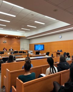 Students listening to lawyer panel at John Sopinka Courthouse