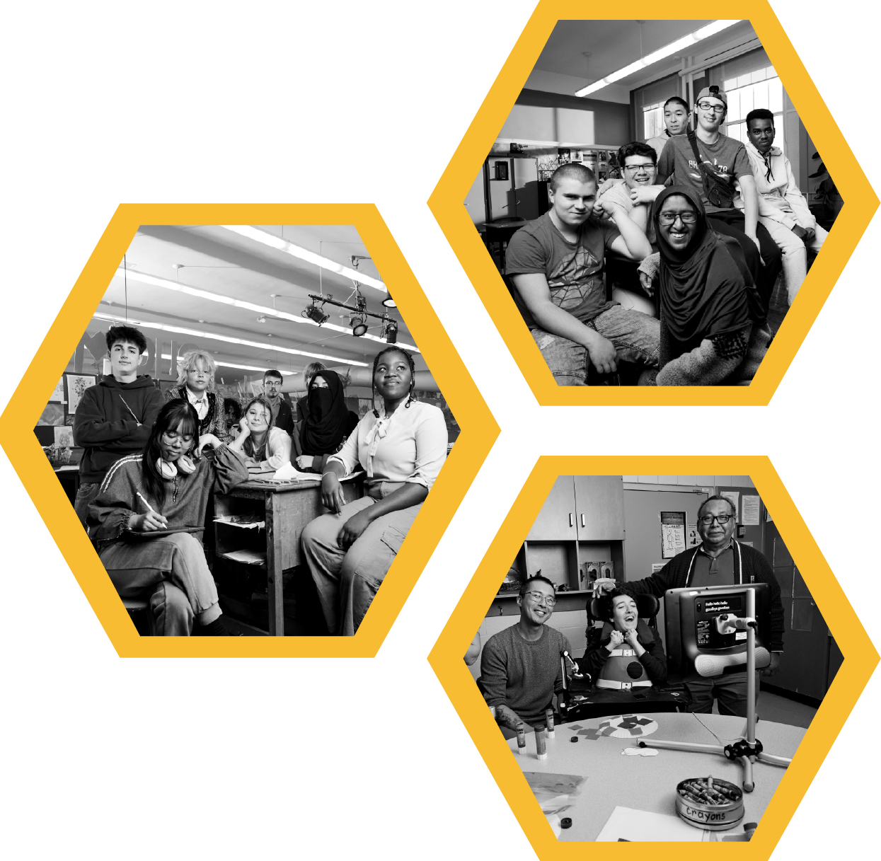 Three hexagons with photos of students in the classroom.