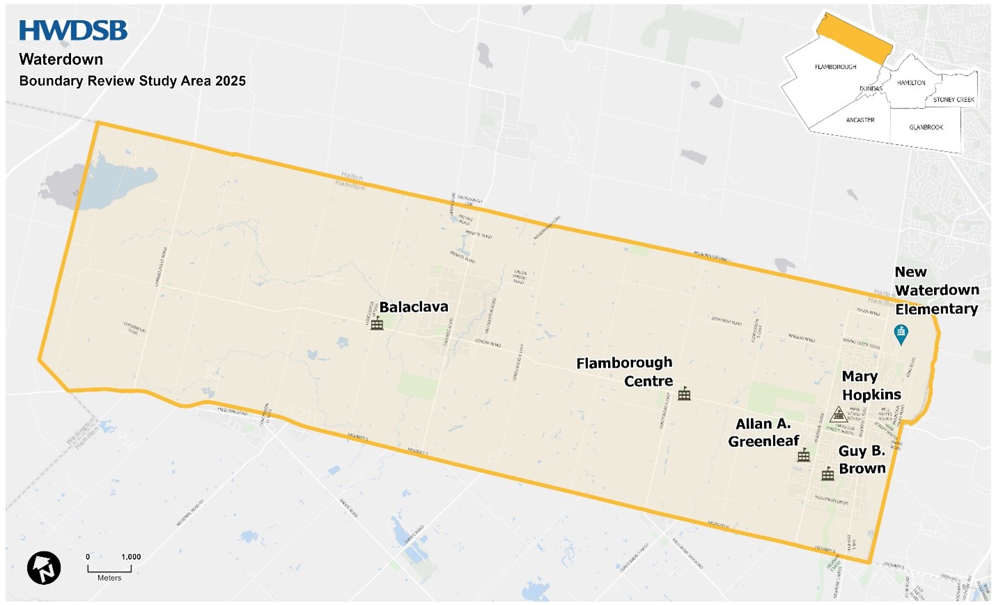 Map of the Hamilton-Wentworth District School Board’s Waterdown Boundary Review Study Area 2025. The highlighted area covers Balaclava, Flamborough Centre, and surrounding regions. Marked schools include Balaclava, Flamborough Centre, Allan A. Greenleaf, Guy B. Brown, and Mary Hopkins, along with the location of the new Waterdown Elementary. Inset map shows the location within Flamborough in relation to Dundas, Hamilton, Ancaster, Stoney Creek, and Glanbrook.